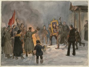 Soldater som bränner målningar (från serien av akvareller ryska revolutionen) - Oeuvre de Ivan Alexeyevich Vladimirov (1869-1947) - 1917 - Akvarell på papper - 25,7x34,5 - Privat samling