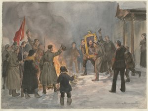 Soldater som bränner målningar från serien av akvareller ryska revolutionen, 1917