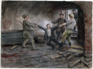 Un detenu emmene pour etre execute - Man hålls och avrättas (från serien av akvareller ryska revolutionen) - Vladimirov, Ivan Aleksijevitj (1869-1947) - 1919 - Akvarell på papper - 25,7x34,5 - Privat samling av Ivan Alexeyevich Vladimirov
