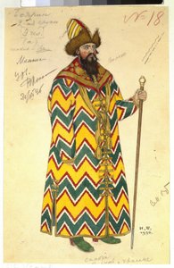 Boyard (bräda, boyard). Kostym för operan ""Sagan om Tsar Saltan"" av Nicholas (Nikolai) Rimsky Korsakov (Rimsky-Korsakov) (1844-1908). Verk av Ivan Yakovlevich Bilibin (Bilibine) (1876-1942), akvarell på papper av Ivan Yakovlevich Bilibin