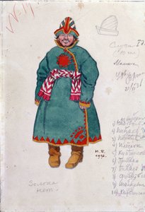 Kostymteckning för operan ""Sagan om Tsar Saltan"" av Nicholas (Nikolai) Rimsky Korsakov (Rimsky-Korsakov) (1844-1908) (Dräktdesign för operan Sagan om Tsar Saltan av N. Rimsky-Korsakov (Rimsky) Korsakov). Teckning av Ivan Yakolevich Bilibin av Ivan Yakovlevich Bilibin