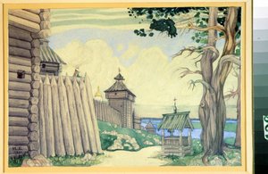 Förberedande teckning till operan ""Prince Igor"" av Alexandre Borodin (1833-1887) (Scenografi för operan Prince Igor av A. Borodin). Teckning av Ivan Yakolevich Bilibin (Bilibin) (1876-1942). Akvarell på papper, 24 x 37 cm av Ivan Yakovlevich Bilibin