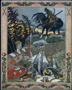 Illustration till sagan Maria des mers (Illustration till sagan Marya Morevna). Prins Ivan upptäcker armén besegrad av Maria Morevna, krigardrottningen. Verk av Ivan Yakovlevich Bilibin (Bilibin) (1876-1942), akvarell och bläck på papper av Ivan Yakovlevich Bilibin