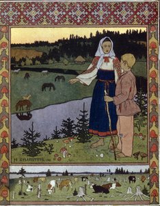 Illustration för den traditionella berättelsen Alyonouchka och Ivanouchka. Verk av Ivan Yakovlevich Bilibin (Bilibin) (1876-1942), litografi av Ivan Yakovlevich Bilibin
