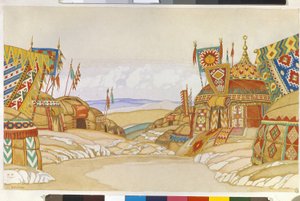 Militärlägret Polovtsien (eller Couman, Kouman). Dekor för operan ""Prins Igor"" av Alexandre Borodin (Borodin) (1833-1887). Verk av Ivan Yakovlevich Bilibin (Bilibin) (1876-1942), akvarell på papper av Ivan Yakovlevich Bilibin