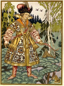 Prins Ivan och grodprinsessan. (Ivan Tsarevich och grodprinsessan). Rysk traditionell berättelse. Verk av Ivan Yakovlevich Bilibin (Bilibin) (1876-1942), akvarell och gouache på papper av Ivan Yakovlevich Bilibin