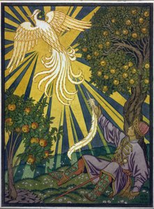 Prinsen tar tag i en fjäder från eldfågeln. Illustration till berättelsen ""Ivan Tsarevich, eldfågeln och den grå vargen"". Verk av Ivan Yakovlevich Bilibin (Bilibin) (1876-1942), akvarell och gouache på papper. Rysk konst, 1900-talet, symbolik. av Ivan Yakovlevich Bilibin