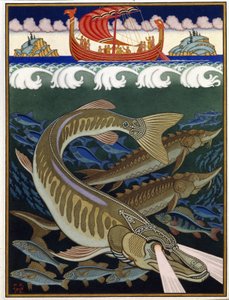 Havets imperium (Sea Empire). Rysk traditionell berättelse. Verk av Ivan Yakovlevich Bilibin (Bilibin) (1876-1942), akvarell och gouache på papper av Ivan Yakovlevich Bilibin