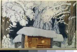 Trähus i den snöiga skogen. Deco för pjäsen ""Commander Suvorov"". Verk av Ivan Yakovlevich Bilibin (Bilibin) (1876-1942), akvarell och gouache på papper av Ivan Yakovlevich Bilibin
