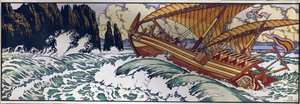 Sjömannen Sinbad. Illustration för den arabiska traditionella berättelsen om Tusen och en natt. Verk av Ivan Yakovlevich Bilibin (Bilibin) (1876-1942), akvarell på papper av Ivan Yakovlevich Bilibin