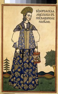 En ung dam från Vologda i en festlig klänning. (En jungfru från Voloda i festklänning). Iklädd en Kokochnik, hög huvudbonad och en sarafan, rak ärmlös klänning, från regionen norr om Moskva. Verk av Ivan Yakovlevich Bilibin (Bilibin) (1876-1942), eftersom av Ivan Yakovlevich Bilibin