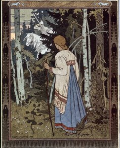 Vassilisa den vackraste och den vita ryttaren. (Vasilisa den vackra och den vita ryttaren). (Traditionell rysk saga). Verk av Ivan Yakovlevich Bilibin (Bilibin) (1876-1942), litografi