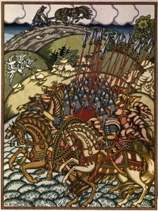 Volga Sviatoslavich (Vseslav de Polotsk (vers 1039-1101), storprins de Kiev de 1068 a 1069) och Mikula Selyaninovich (?). Oeuvre av Ivan Yakovlevich Bilibin (Bilibin) (1876-1942), litografi av Ivan Yakovlevich Bilibin