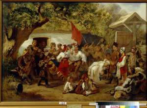 Bröllopsmåltiden. (Bröllopsfesten). Målning av Ivan Ivanovich Sokolov (1823-1918), olja på duk av Ivan Ivanovich Sokolov