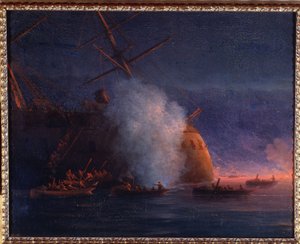 Rysk-turkiska (ryska-turkiska) kriget 1877-1878: attacken av ryska segelbåtar på det turkiska ångslagskeppet Assari Shevket, vid Svarta havet, 12 augusti 1877 (Attack av de ryska kutterarna på det turkiska ångslagskeppet Assari Shevket i Svarta havet den 1 av Ivan Konstantinovich Aivazovsky