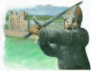 En normandisk soldat attackerar med en "och en halv hand", ett tvåhandsbredsvärd, 1990-talet av Ivan Lapper