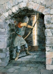 Medeltida bågskytt som skjuter genom en pilskåra vid Beeston Castle, Cheshire