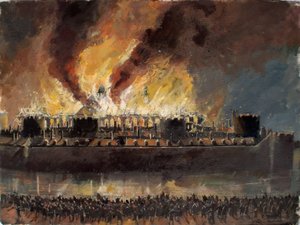 Rekonstruerad vy av Towern med Grand Storehouse i brand 1841 av Ivan Lapper