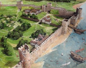Rekonstruerad vy av det sydöstra hörnet av det romerska London och den framtida platsen för Tower of London som det kan ha sett ut omkring 400 e.Kr.