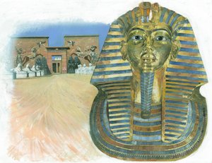 Den gyllene masken från den egyptiske faraon Tutankhamuns mumie, med ett forntida egyptiskt tempelkomplex i bakgrunden av Ivan Lapper