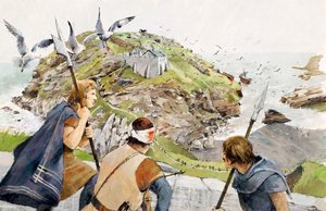 Tintagel Castle år 1230 (akvarell på papper) av Ivan Lapper
