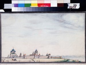 Utsikt över Rostov, Kreml. (Utsikt över Rostov Kreml). Målning av Ivan Mikhaylovich Belogonov (1800-1871). Akvarell och tusch på papper av Ivan Mikhaylovich Belogonov