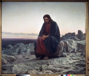 Kristus i öknen (Kristus i vildmarken). Kristus, sittande på en klippa, händerna knäppta i en attityd av meditativ kontemplation. Målning av Ivan Nikolayevich Kramskoi (1837-1887), olja på duk