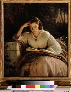 Läsning. Porträtt av konstnärens fru uppslukad av att läsa en bok. (Läsning. Porträtt av konstnärens hustru). Målning av Ivan Nikolayevich Kramskoi (1837-1887), olja på duk
