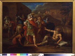 Alexander den store (Alexander III av Makedonien, 356-323 f.Kr.) besöker Diogenes (Diogenes från Sinope eller cynikern, cirka 413-cirka 327 f.Kr.) i Korinth (Grekland) av Ivan Philippovich Tupylev