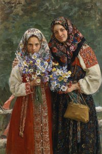Vilda blommor. (Ängsblommor). En mor och hennes dotter, eleganta i sina folkloristiska klänningar med en färgglad halsduk som täcker håret, håller en bukett vilda blommor i sina händer. Målning av Ivan Semyonovich Kulikov (Koulikov) (1875