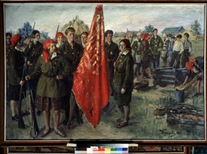 Militär Komsomol (Militär Komsomol). Organisation av kommunistisk ungdom i sovjetunionen, beskrivning av en grupp ungdomar i uniform (militär och sjukavdelning) och vapen samlade runt en röd standard, nära efembyggnader