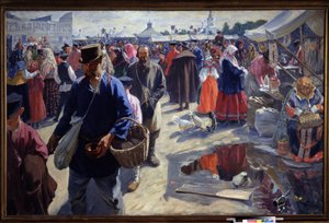 Mässan (En mässa). Marknadsscen i en rysk provinsstad, i en traditionell atmosfär, med bönder och försäljare. Målning av Ivan Semyonovich Kulikov (Koulikov) (1875-1941), olja på duk