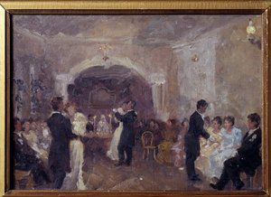 Handelsbalen. Par dansar, unga flickor klädda i vitt sitter och väntar på en inbjudan att dansa. Målning av Ivan Semyonovich Kulikov (Koulikov) (1875-1941), olja på duk