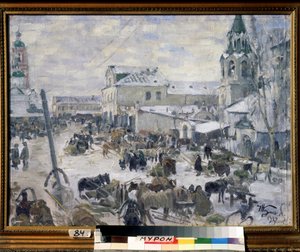 En kyrka i Murom (Ryssland). (En kyrka i Murom). Beskrivning av en gata i staden, under snön, med daglig underhållning, hästdragna vagnar. Målning av Ivan Semyonovich Kulikov (Koulikov) (1875-1941), olja på duk