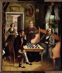 ""Schackspelarna"" Grupp ryska borgare i en interiör. Målning av Ivan Stepanovich Doshchennikov (1812-1893) 1840-1850 State Art Gallery, Perm, Ryssland av Ivan Stepanovich Doshchennikov