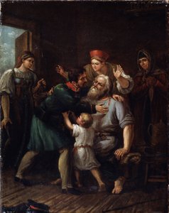 Krigarens återkomst (Homecoming Warrior). En soldat återvänder hem och kastar sig i famnen på sin gamle far. Hela familjen uttrycker sin glädje och lättnad över att se honom vid liv. Målning av Ivan Vasilyevich Luchaninov (1781-1824), olja på t. av Ivan Vasilyevich Luchaninov