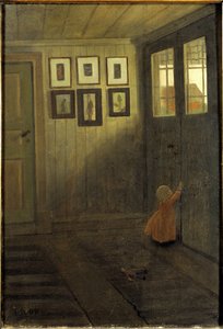 Den lilla flickan står vid dörren. Interiör av konstnärens hus i Aelvaengen (Sverige) - Flickan vid dörren. Interiör i Konstnärens hem, Aelvaengen, av Arosenius, Ivar (1878-1909). olja på duk