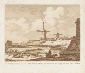 Utsikt utanför Haarlemmerpoort i Amsterdam med en sittande tecknare Utsikt utanför Haarlemmer-Poort, på Hoogen Dijk, mot Zandhoek (titel på objekt)