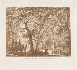 Vagn och vandrare i Haarlemmerhout Utsikt i Haarlemmer Hout (titel på objekt)