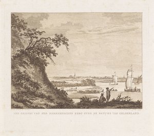 Brett landskap med två figurer och segelfartyg En vy av Rheenenschen Berg över Betuwe i Gelderland (titel på objekt)