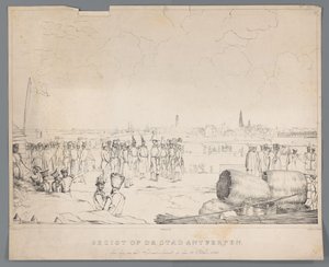 Utsikt över staden Antwerpen dagen efter bombardementet, den 28 oktober 1830 (titel på objekt) av Izaak Schouman