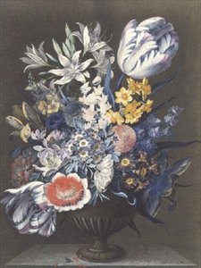 Urna med blommor på ett marmorbord av J.A. Simson