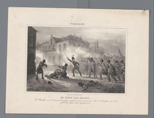 Prince of Orange ledde trupperna vid Ravels, 1831 Prinsen av Orange, efter att ha rest sig från hästen vid Ravels, leder personligen 2:a bataljonen av 18:e divisionen mot fienden / (3 augusti 1831) (titel på objekt) Sju register över strider o av J.B. Clermans