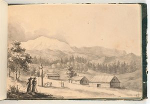 Berglandskap med människor och hus av Johan Christian Dahl