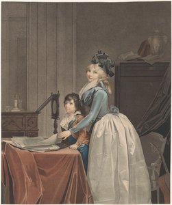 Porträtt av Louise Sébastienne Gély med styvson bakom en optikspegel l