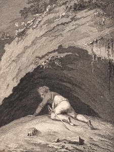 Den misshandlade Niels Klim kryper in i grottan av J.F. Clemens