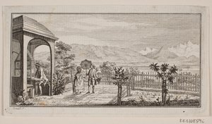 En trädgårdsterrass i Genthod med ett promenerande par av J.F. Clemens