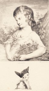 En liten flicka med en korg med blommor och en mans porträtt av J.F. Clemens