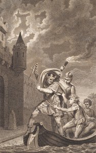 Illustration. En kung med upphöjd dolk och tre personer i en båt av J.F. Clemens