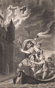 Illustration. En kung med upphöjd dolk och tre personer i en båt av J.F. Clemens